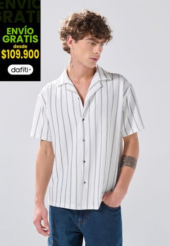KOAJ Camisa Manga Corta Blanca A Rayas Con Cuello Resort Koaj