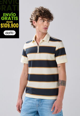 KOAJ Camiseta Polo Kaki Clara Con Manga Corta Y Rayas Azules Koaj