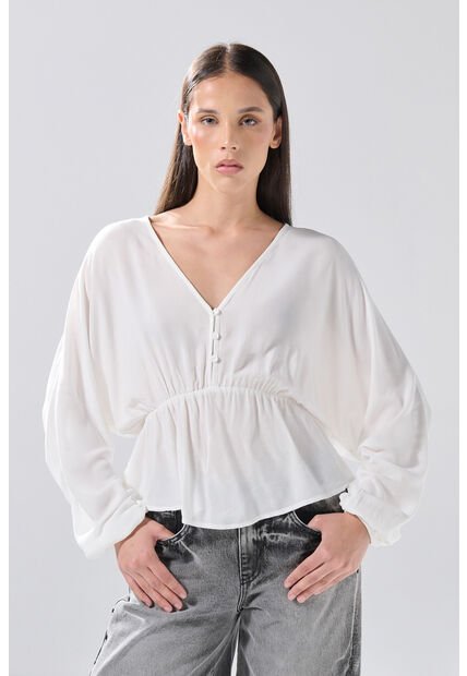 KOAJ Blusa Crema Clara Con Escote En V, Recogido Y Manga Larga