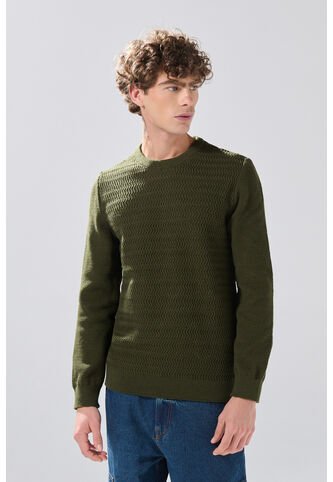 KOAJ Suéter Tejido Verde Cuello Redondo Con Texturas De Rayas Koaj