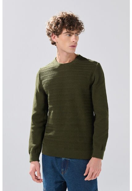 KOAJ Suéter Tejido Verde Cuello Redondo Con Texturas De Rayas