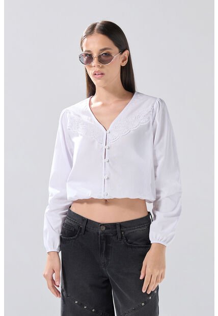 KOAJ Blusa Crema  Manga Larga, Con Encaje Y Botones