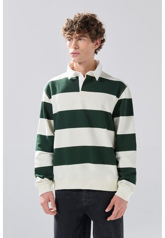 KOAJ Buzo Crema Claro Oversize Con Rayas Verdes Y Cuello Polo Koaj