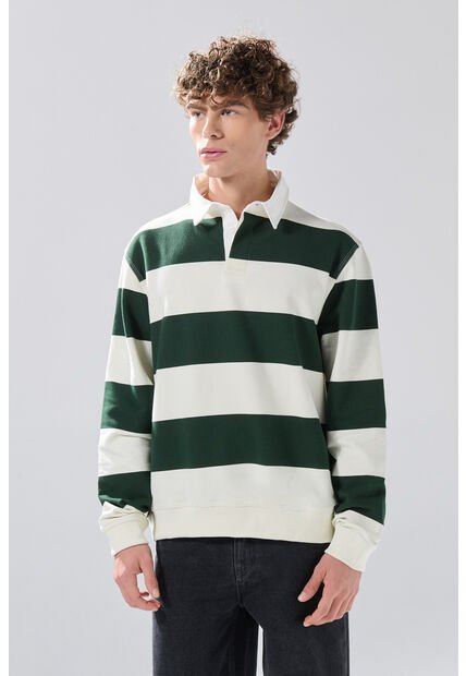 KOAJ Buzo Crema Claro Oversize Con Rayas Verdes Y Cuello Polo