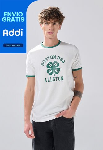 KOAJ Camiseta Crema College Manga Corta Con Contrastes Verdes Koaj