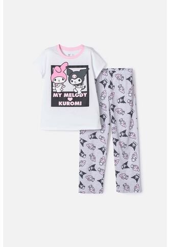 Pijama De My Melody & Kuromi Gris Y Blanca De Pantalón Largo Para Niña 12 KUROMI