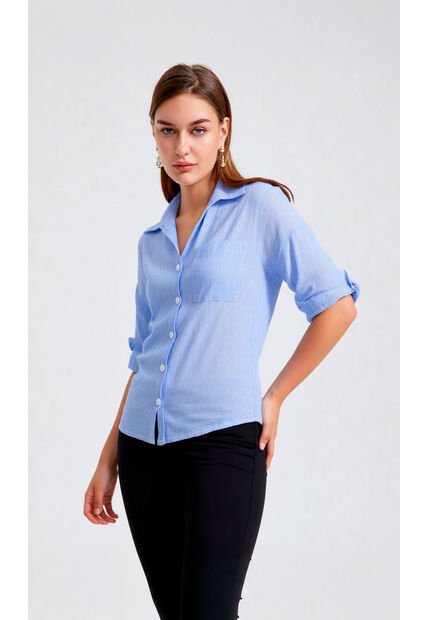 Blusa Para Mujer Manga Corta Azul Marca L&H Ref. 2J412265