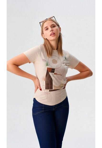 Camiseta Para Mujer Manga Corta Beige Marca L&H Ref. 4R401007