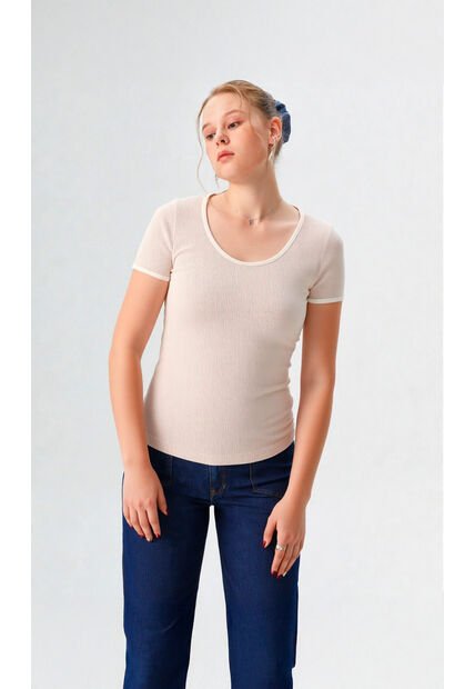 Camiseta Para Mujer Manga Corta Beige Marca L&H Ref. 1F409513
