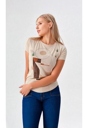 Camiseta Para Mujer Manga Corta Beige Marca L&H Ref. 4R401007