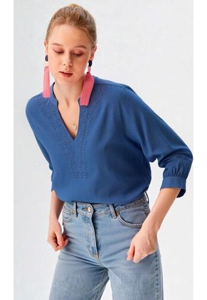 Blusa Para Mujer Manga 3/4 Azul Marca L&H Ref. 3K412145