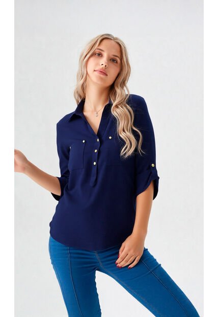 Blusa Para Mujer Manga 3/4 Azul Oscuro Marca L&H Ref. 1F412344