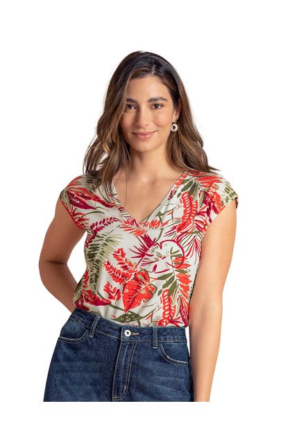 Camiseta Manga Corta Con Cuello En V Para Mujer F6275 Naranja