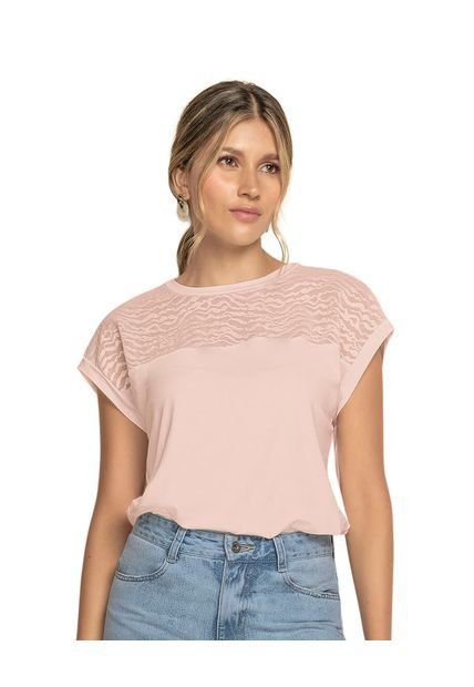 Camiseta Manga Corta Con Cuello Redondo Y Encaje En Parte Superior F6902 Palo Rosa