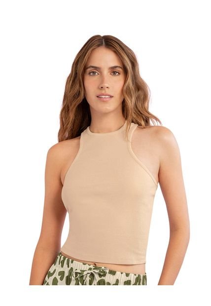 Camiseta Básica Crop Top Con Cuello Redondo J2601S Beige
