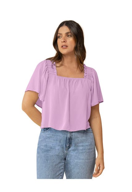 Blusa Manga Corta Con Escote Cuadrado Y Recogido En Hombros F6848 Lila