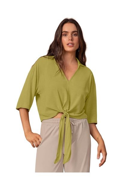 Blusa Manga 3/4 Con Tiras Para Anudar En Cintura Y Escote En V F6839 Verde