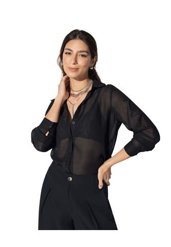 Blusa Manga Larga Elaborada En Tela Con Transparencia F7062 Negro Leonisa