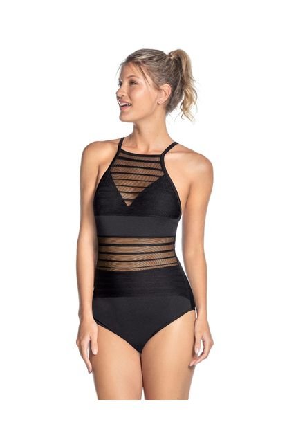 Leonisa Vestido De Baño Entero Con Control Suave De Abdomen Bajo Y Detalles En Tul 19A106 Negro