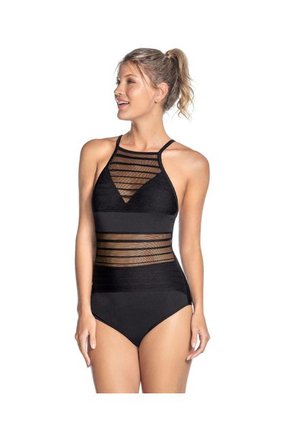 Leonisa Vestido De Baño Entero Con Control Suave De Abdomen Bajo Y Detalles En Tul 19A106 Negro