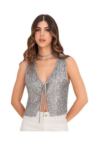 Chaleco De Lentejuelas Con Tiras Para Anudar En Frente J3024 Plateado Leonisa