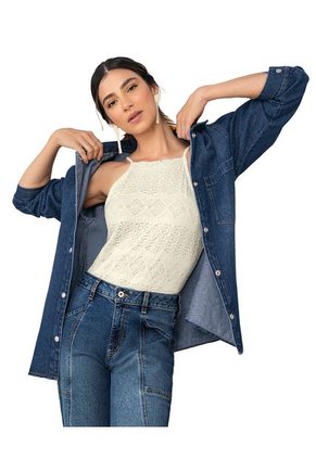 Chaqueta Manga Larga Oversized Con Cuello Camisero F6520 Azul