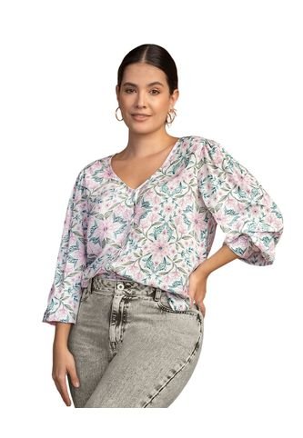 Blusa Manga Larga Estampada Cuello En V F7083 Multicolor Leonisa