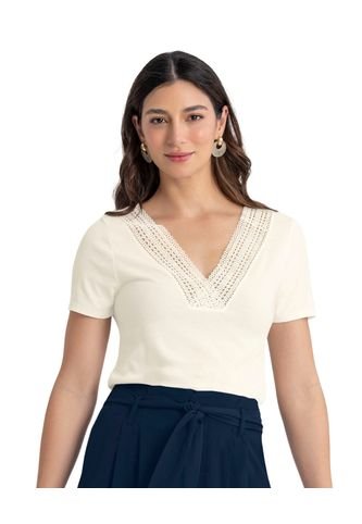 Camiseta Manga Corta Con Detalle Guipur Cruzado En Escote F7018 Marfil Leonisa