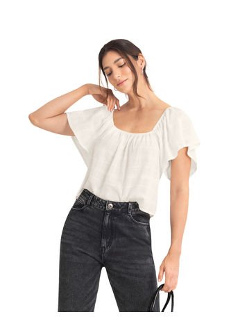 Blusa Manga Corta De Escote Cuadrado Con Recogido F7041 Marfil Leonisa