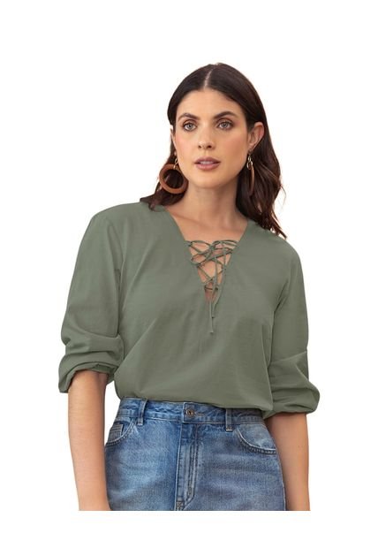 Blusa Manga 3/4 Con Tiras Decorativas En Escote F7049 Verde