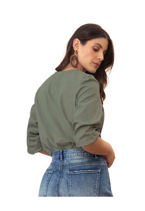 Blusa Manga 3/4 Con Tiras Decorativas En Escote F7049 Verde