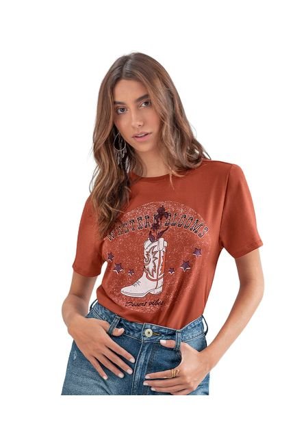 Camiseta En Algodón Manga Corta Con Estampado Localizado J1722S Terracota
