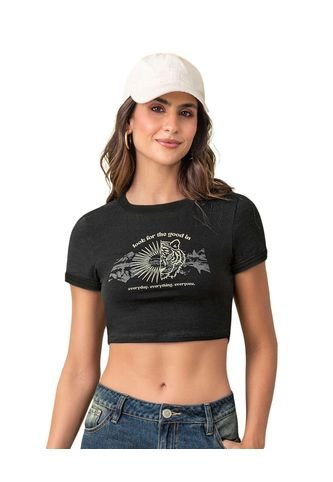 Camiseta Crop Top Con Cuello Y Puños En Contraste J2772 Negro Leonisa