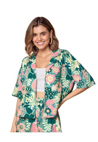 Blusa Manga Corta Con Cuello Solapa Y Perilla Funcional J2833 Estampado Leonisa