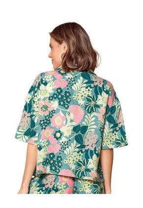 Blusa Manga Corta Con Cuello Solapa Y Perilla Funcional J2833 Estampado