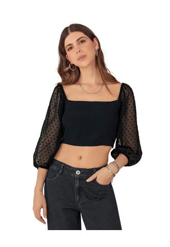 Blusa Manga 3/4 En Transparencia Con Textura J3027 Negro Leonisa