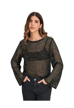 Buzo Manga Larga Tejido Con Lurex Brillante J3044 Negro