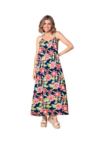 Vestido Largo De Tiritas Y Escote En U Recogido F6683 Flores Leonisa