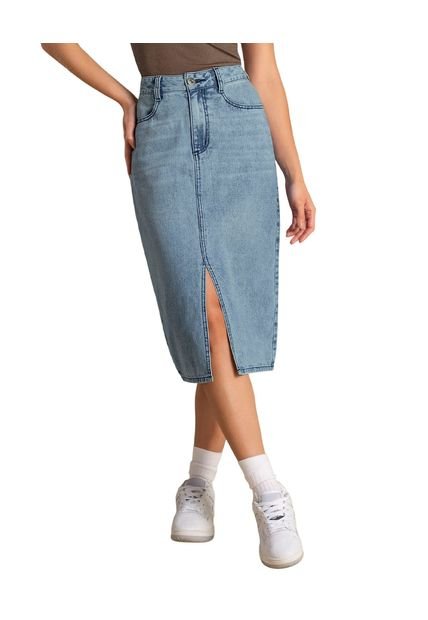 Falda Midi Con Abertura En Frente Y Bolsillos Funcionales En Frente Y Posterior J2731 Indigo