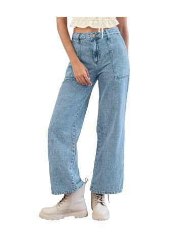 Jean Bota Recta Con Bolsillos De Parche En Frente J2909 Azul Medio Leonisa
