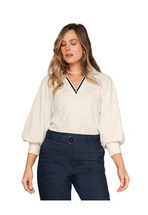 Camiseta Manga Larga Con Cuello Y Perilla Tejida F6772 Crudo