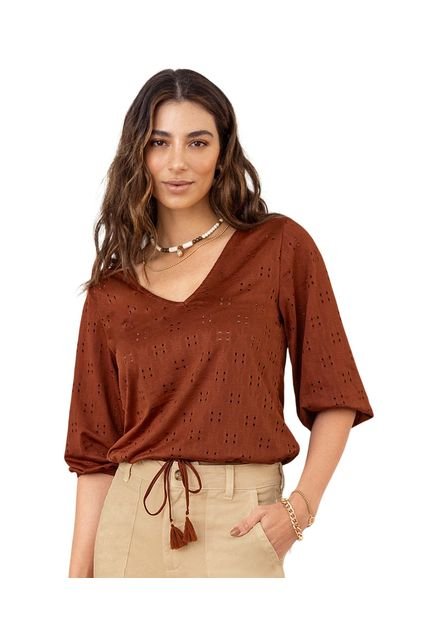 Camiseta Manga 3/4 Con Escote En V Y Mangas Con Volumen F6883 Rojo