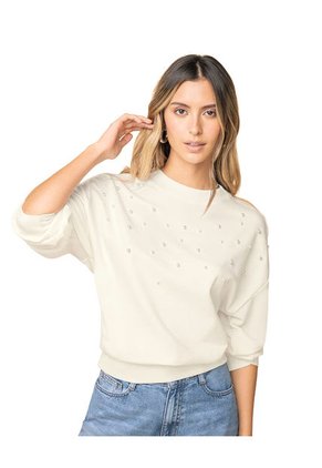 Buzo Cuello Redondo Con Aplique De Perlas J2844 Crudo