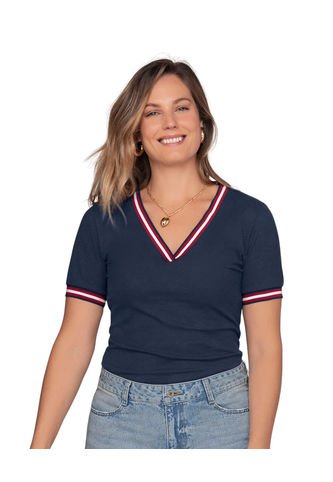 Camiseta Manga Corta Con Cuello Y Puños Tejidos En Contraste F6754 Azul Leonisa