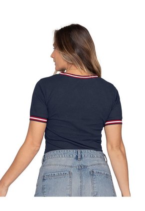 Camiseta Manga Corta Con Cuello Y Puños Tejidos En Contraste F6754 Azul