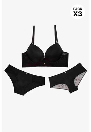 Conjunto De Tres Piezas: Brasier Más Dos Panties 2190 TRIO BRAS HIPST BOXER NEGRO T36 Lili Pink
