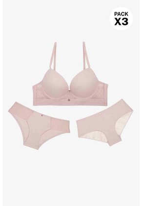 Conjunto De Tres Piezas En Microfibra Y Encaje 2190, T32B/S, RSCL Lili Pink