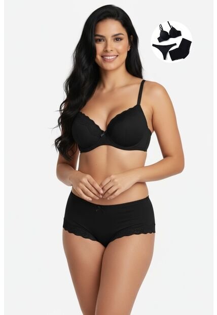 Conjunto Trío En Microfibra Incluye Brasier Más 2 Panties 2310 CONJUNTO BRASIER TRIO NEGRO T32B/S Lili Pink