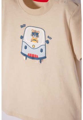 Conjunto LittleMic Caqui Y Rojo Estampado En Frente Para Bebé Niño 6-9