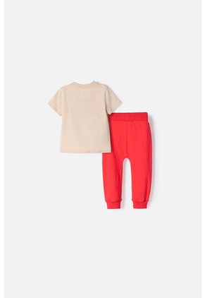 Conjunto LittleMic Caqui Y Rojo Estampado En Frente Para Bebé Niño 6-9